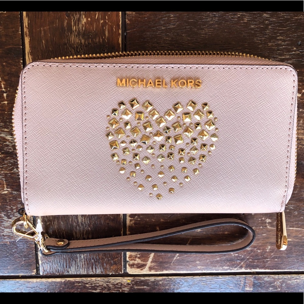 Michael Kors Pink Studded Heart Zip Phone Wallet